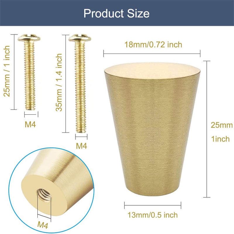 YEWLACA 6Pcs Brass Cabinet Knobs Solid Pure Copper Cone Knob Pull Handles for Kitchen Cabinet Drawer Dresser, Brushed Gold Brass Knobs with Screws - Image 3